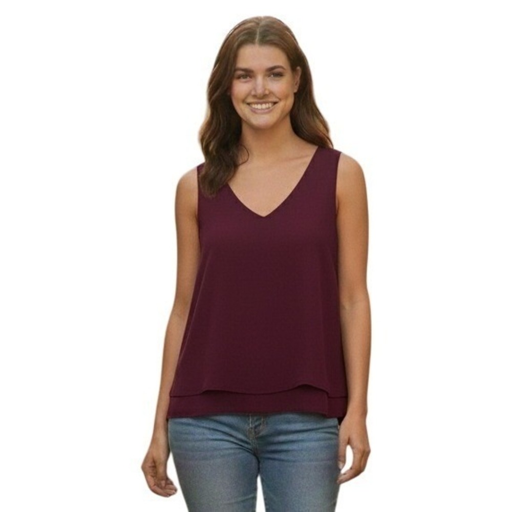 NWT Ann Taylor Factory Burgundy V Neck Sleeveless Layered Chiffon Blouse Top S